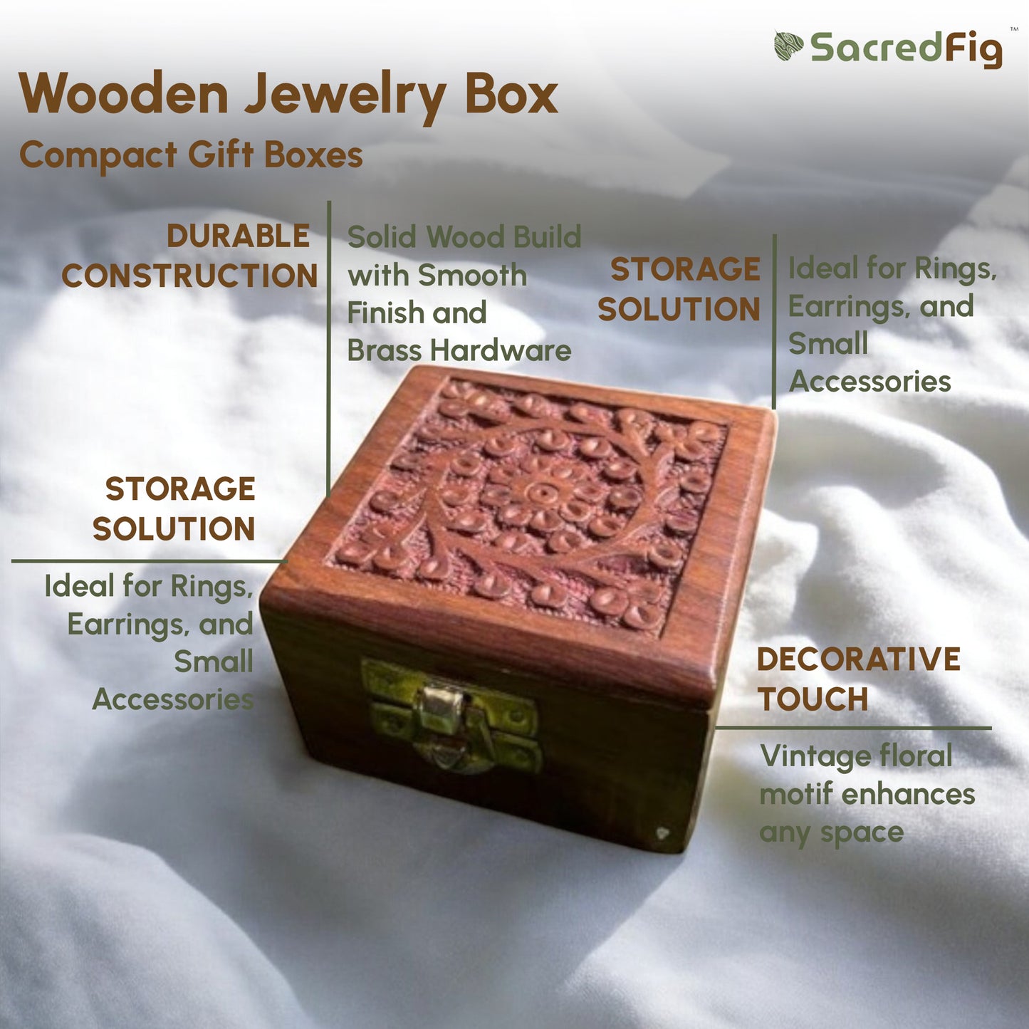 Wooden Jewelry Box with Floral Carving | Square Storage Box for Keepsakes & Gifting | 3×3 in
