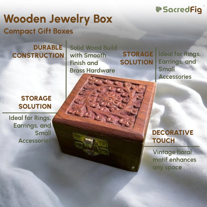 Wooden Jewelry Box with Floral Carving | Square Storage Box for Keepsakes & Gifting | 3×3 in
