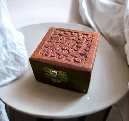 Wooden Jewelry Box with Floral Carving | Square Storage Box for Keepsakes & Gifting | 3×3 in