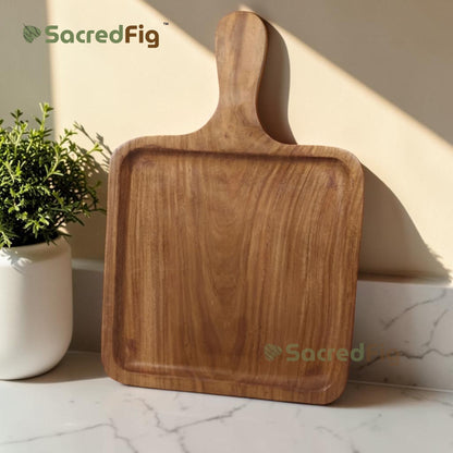 SacredFig Sheesham Wood Square Serving Platter with Handle | Handcrafted Wooden Tray for Snacks, Cheese, Desserts & Appetisers | 10 x 10 In