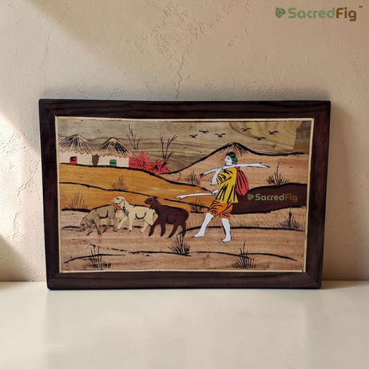 SacredFig Shepherd's Walk Wooden Mysore Inlay Art Wall Frame | 12x18 In | Handmade Wooden Wall Decor | Traditional Artwork