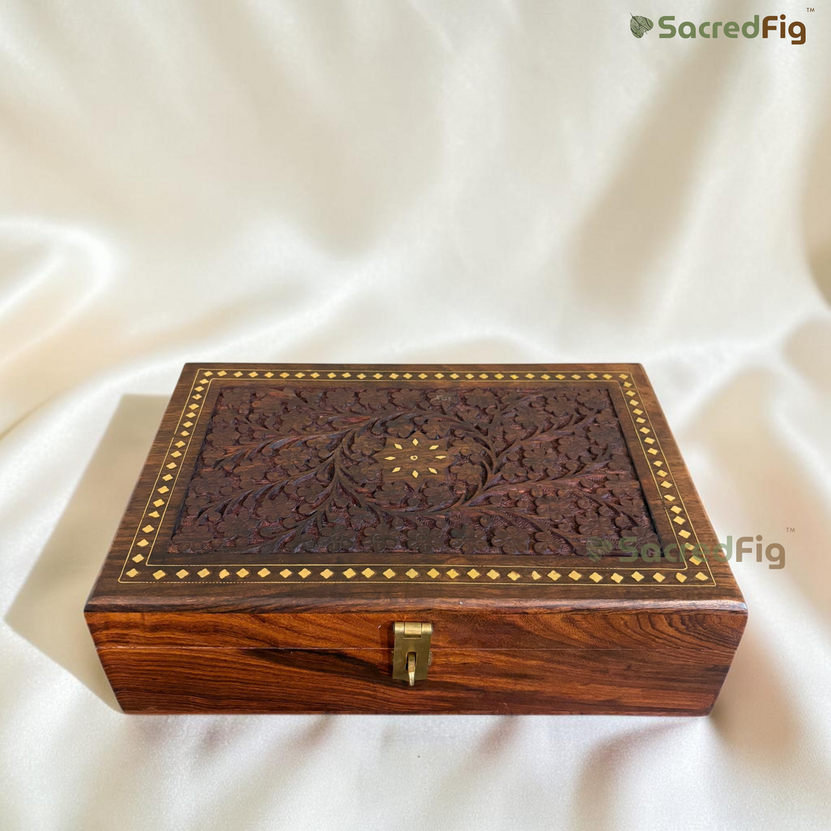 SacredFig Handcrafted Sheesham Wood Vine Gift Box | Elegant Floral Vine Carving Design | Wooden Gift Box for Keepsakes, Jewelry & Storage | 12 x 8 In