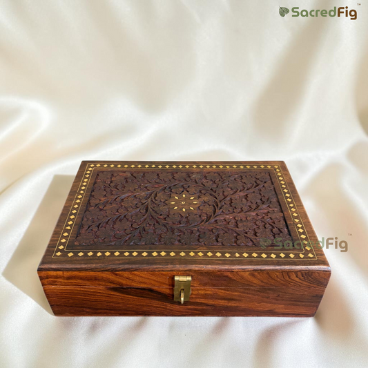 SacredFig Handcrafted Sheesham Wood Vine Gift Box – 12 × 8 Inch | Elegant Floral Vine Carving Design | Wooden Gift Box for Keepsakes, Jewelry & Storage
