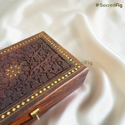 SacredFig Handcrafted Sheesham Wood Vine Gift Box | Elegant Floral Vine Carving Design | Wooden Gift Box for Keepsakes, Jewelry & Storage | 12 x 8 In