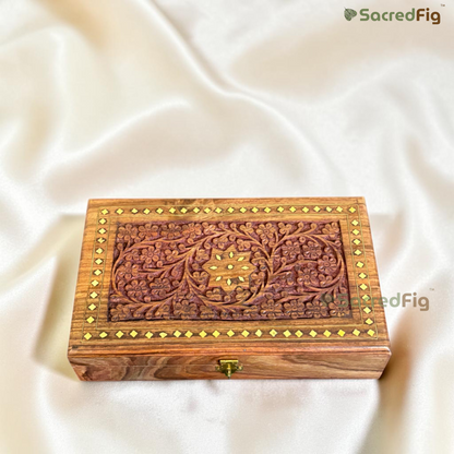 SacredFig Handcrafted Sheesham Wood Vine Gift Box – 10 × 6 Inch | Elegant Floral Vine Carving Design | Wooden Gift Box for Keepsakes, Jewelry & Storage