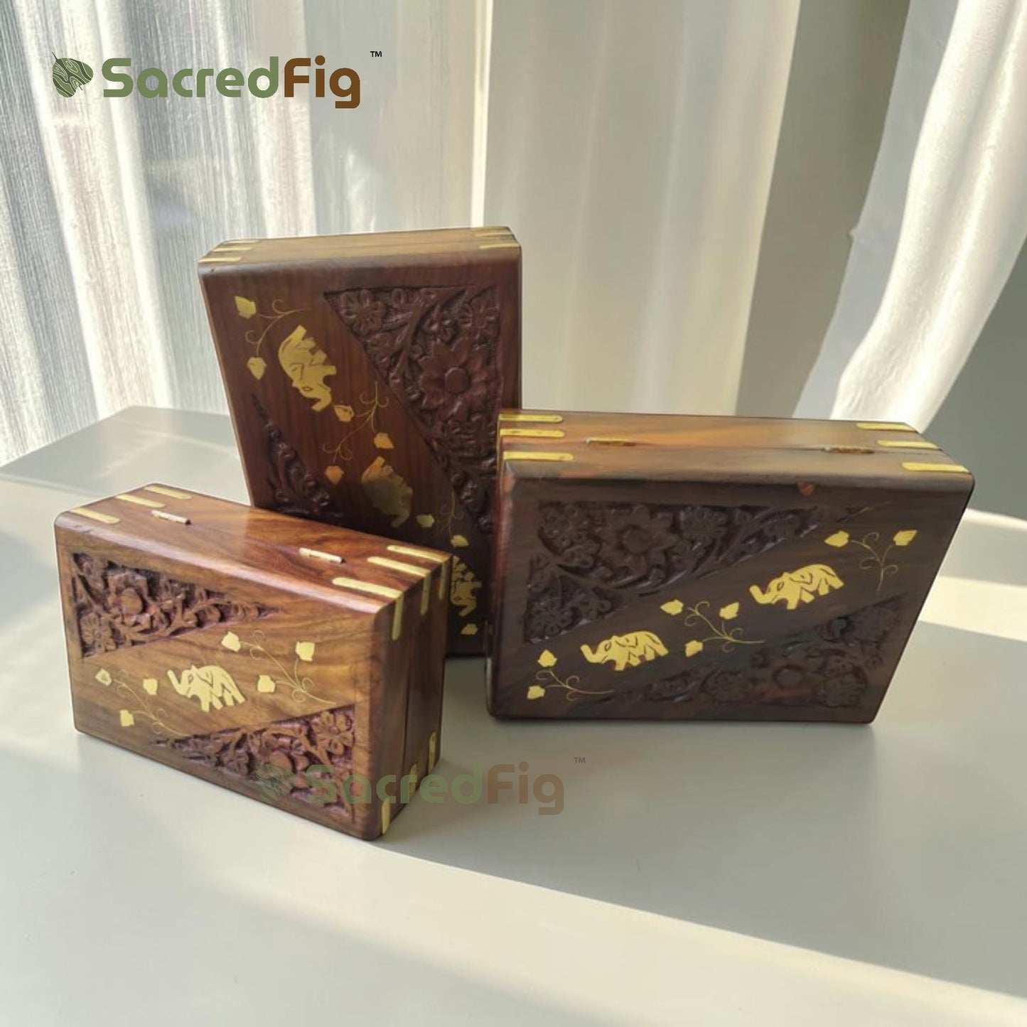 SacredFig Sheesham Wood Gift Box | Elephant Carving Design | Handcrafted Storage Box