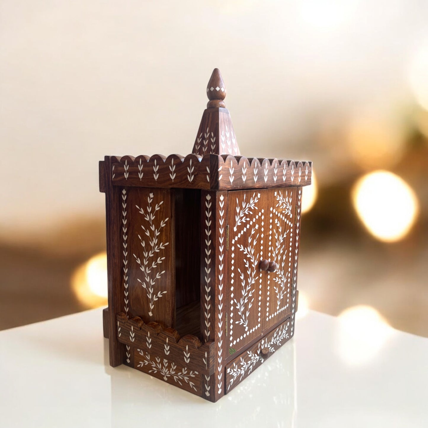 Wooden Mandir with Intricate Leafy Inlaid design | Premium Decor by SacredFig | 22 × 13 in