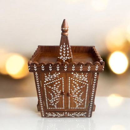 Wooden Mandir with Intricate Leafy Inlaid design | Premium Decor by SacredFig | 22 × 13 in
