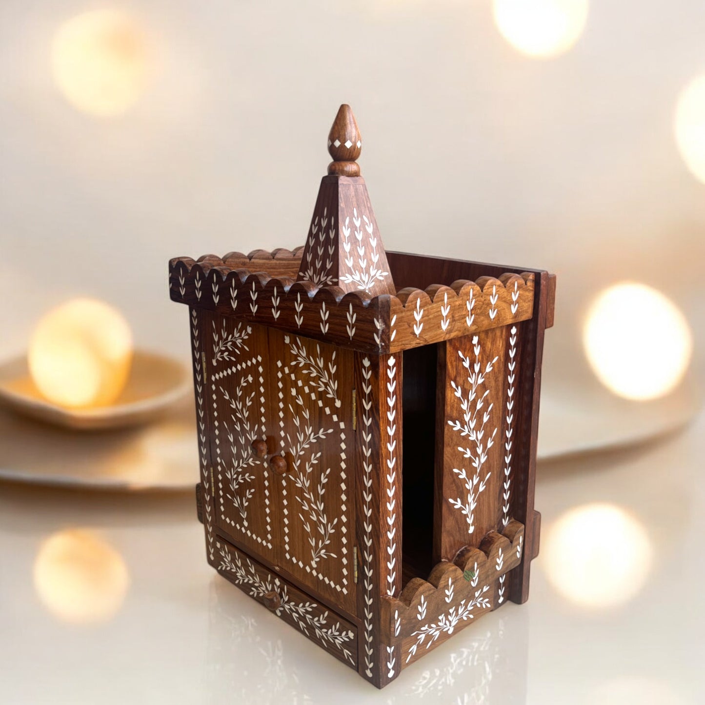 Wooden Mandir with Intricate Leafy Inlaid design | Premium Decor by SacredFig | 22 × 13 in