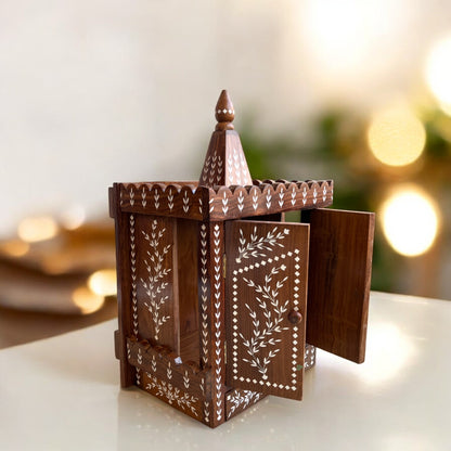 Wooden Mandir with Intricate Leafy Inlaid design | Premium Decor by SacredFig | 22 × 13 in