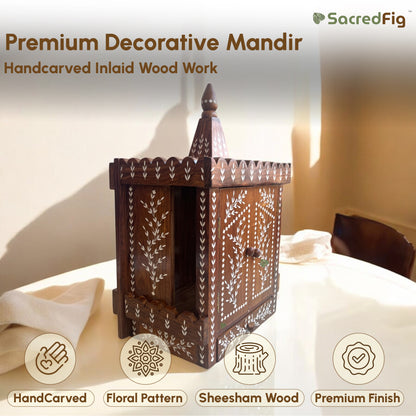 Wooden Mandir with Intricate Leafy Inlaid design | Premium Decor by SacredFig | 22 × 13 in