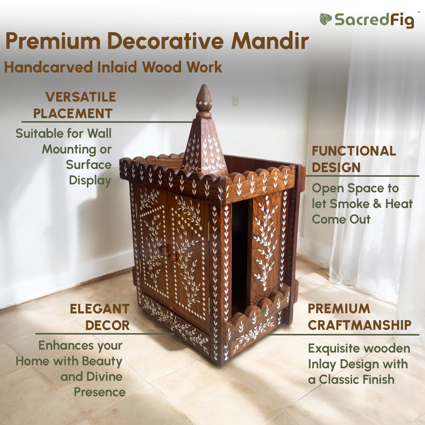 Wooden Mandir with Intricate Leafy Inlaid design | Premium Decor by SacredFig | 22 × 13 in