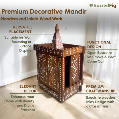 Wooden Mandir with Intricate Leafy Inlaid design | Premium Decor by SacredFig | 22 × 13 in