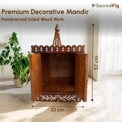 Wooden Mandir with Intricate Leafy Inlaid design | Premium Decor by SacredFig | 22 × 13 in