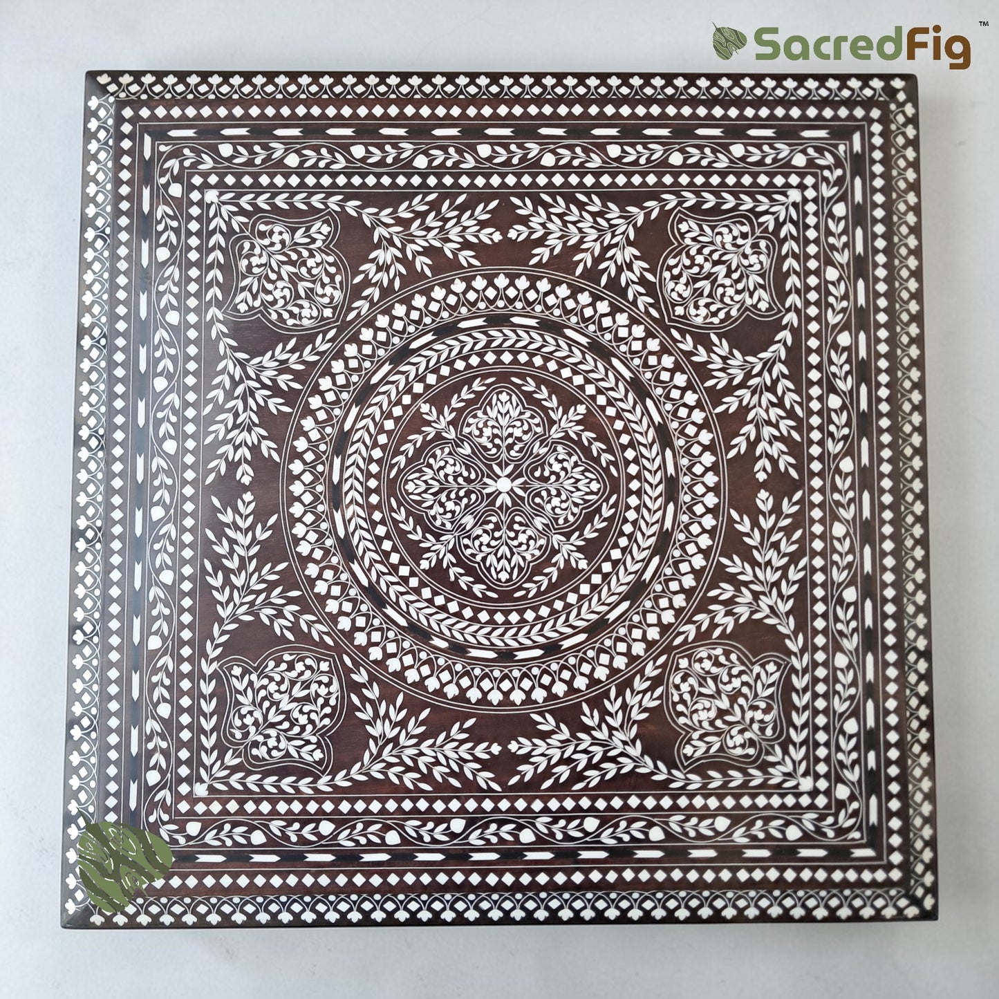 SacredFig Premium Sheesham Pooja Chowki | Heavy Intricate Inlay Wood Work - 20 in