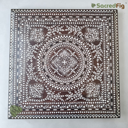 SacredFig Premium Sheesham Pooja Chowki | Heavy Intricate Inlay Wood Work - 20 in