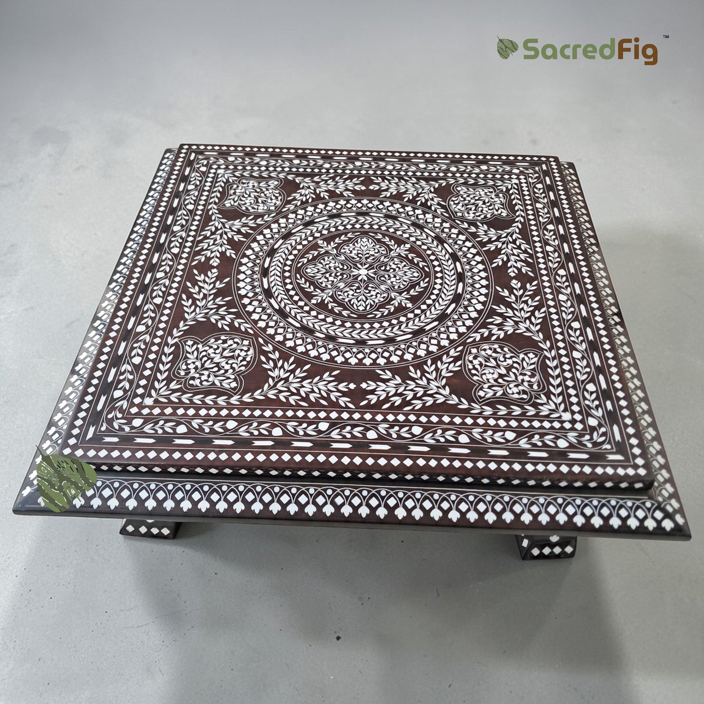 SacredFig Premium Sheesham Pooja Chowki | Heavy Intricate Inlay Wood Work - 20 in