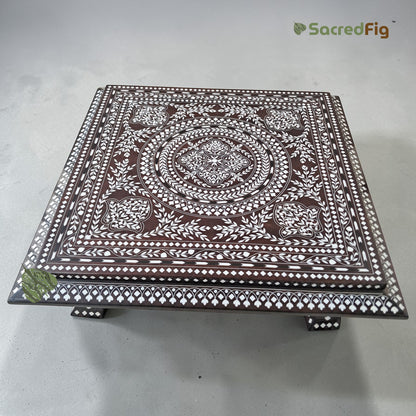 SacredFig Premium Sheesham Pooja Chowki | Heavy Intricate Inlay Wood Work - 20 in