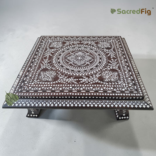 SacredFig Premium Sheesham Pooja Chowki | Heavy Intricate Inlay Wood Work - 20 in