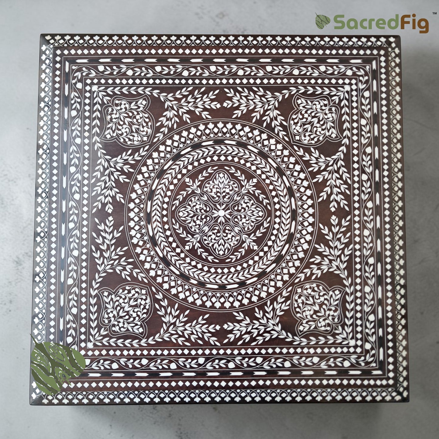 SacredFig Premium Sheesham Pooja Chowki | Heavy Intricate Inlay Wood Work - 20 in