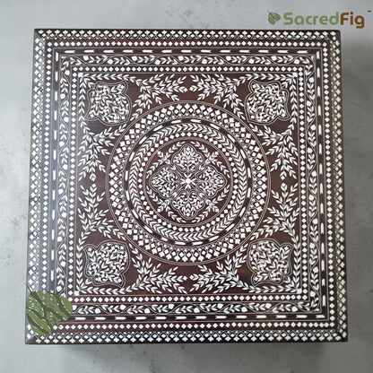 SacredFig Premium Sheesham Pooja Chowki | Heavy Intricate Inlay Wood Work - 20 in