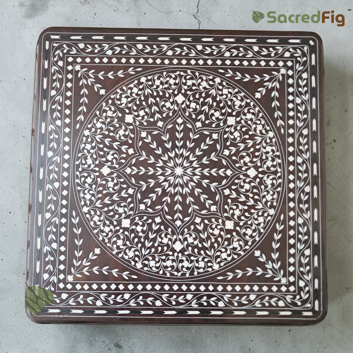 SacredFig Premium Wooden Pooja Chowki with Elegant Wood Inlay Work - Floral Pattern (16x16 in)