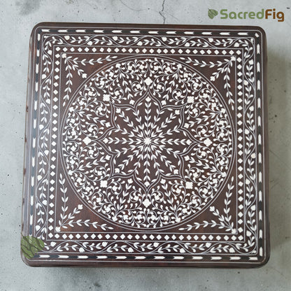 SacredFig Premium Wooden Pooja Chowki with Elegant Wood Inlay Work - Floral Pattern (16x16 in)