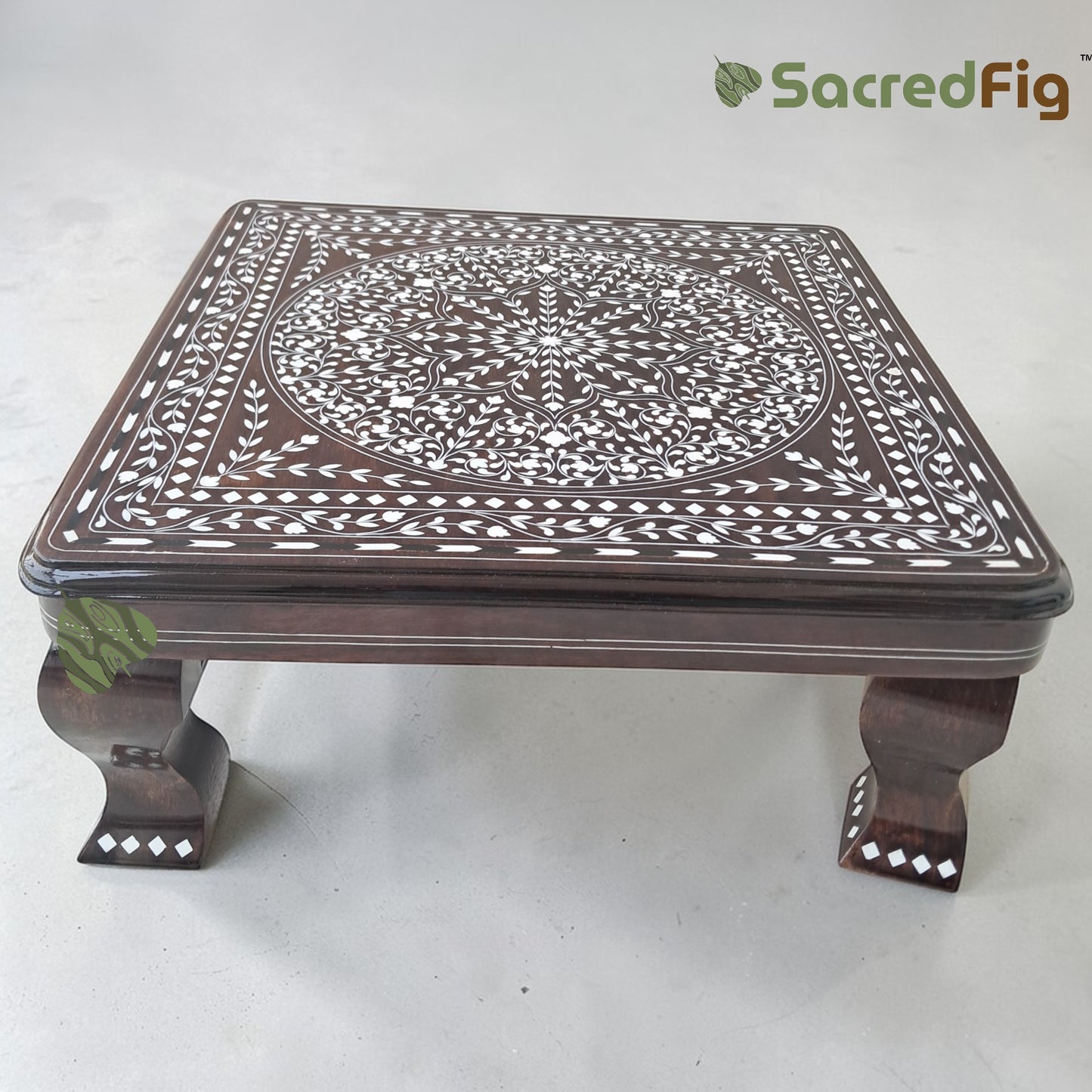 SacredFig Premium Wooden Pooja Chowki with Elegant Wood Inlay Work - Floral Pattern (16x16 in)