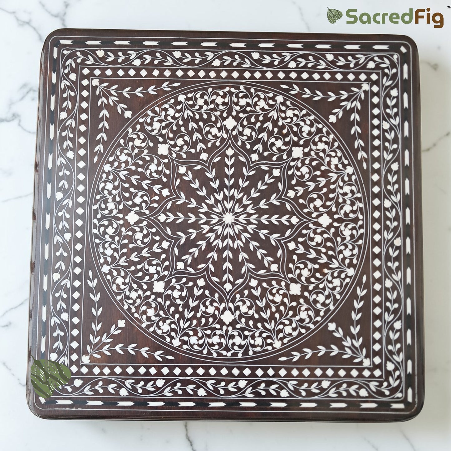 SacredFig Premium Wooden Pooja Chowki with Elegant Wood Inlay Work - Floral Pattern (16x16 in)