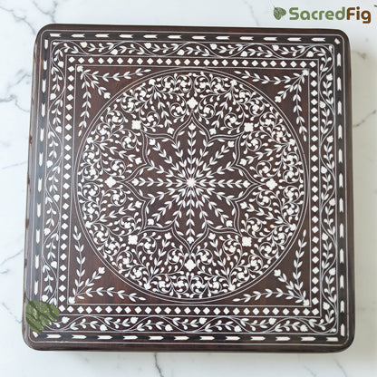 SacredFig Premium Wooden Pooja Chowki with Elegant Wood Inlay Work - Floral Pattern (16x16 in)